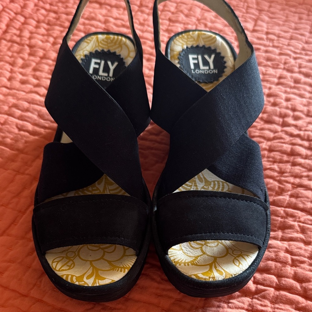 Fly London Black Wedge Sandals - Picture 9 of 9